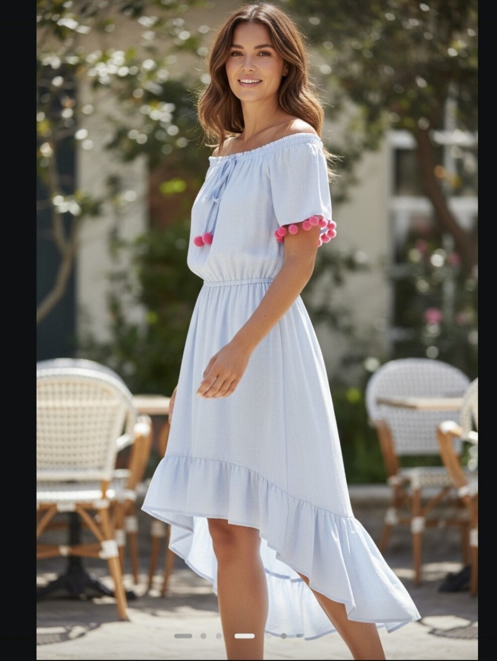 ANDREE BY UNIT Light Blue Hi-Low Dress with Pink Pom-Poms -NWT-LG